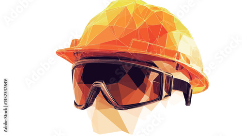 Close-up, low-polygonal illustration of a hard hat and safety goggles. The image is rendered in a geometric style with orange and brown tones dominating. The hard hat is predominantly orange, while