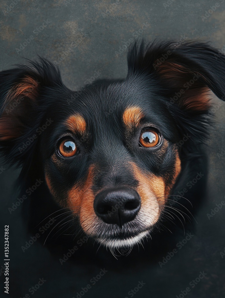 Fototapeta premium Cute Dog Looking Up with Brown Eyes and Black Fur Portrait