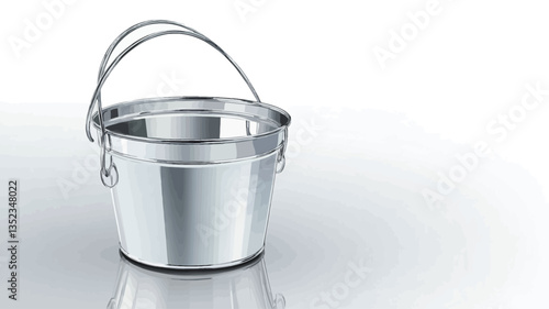 Close-up studio shot of a small, cylindrical stainless steel bucket with two handles. The bucket is highly reflective, showing a gleam.  The background is bright white, with a subtle reflection of
