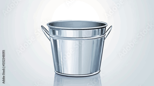 A digitally rendered image of a small, cylindrical stainless steel bucket with two handles. The bucket is highly reflective, showing a slight reflection of a light grey background.  The image is a