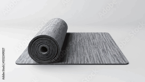 A studio shot of a grey yoga mat partially unrolled on a plain white background. The mat has a textured surface with subtle variations in shade of grey, creating a subtle linear pattern. The rolled
