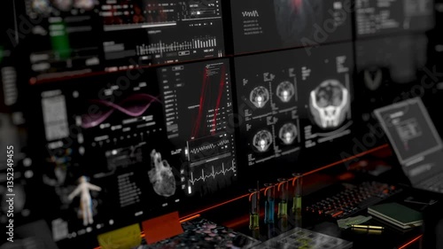 Medical HUD UI monitoring MRI x ray Scan.Futuristic Technological Interface.DNA Chemistry molecular structure formula. Keyboard control panel