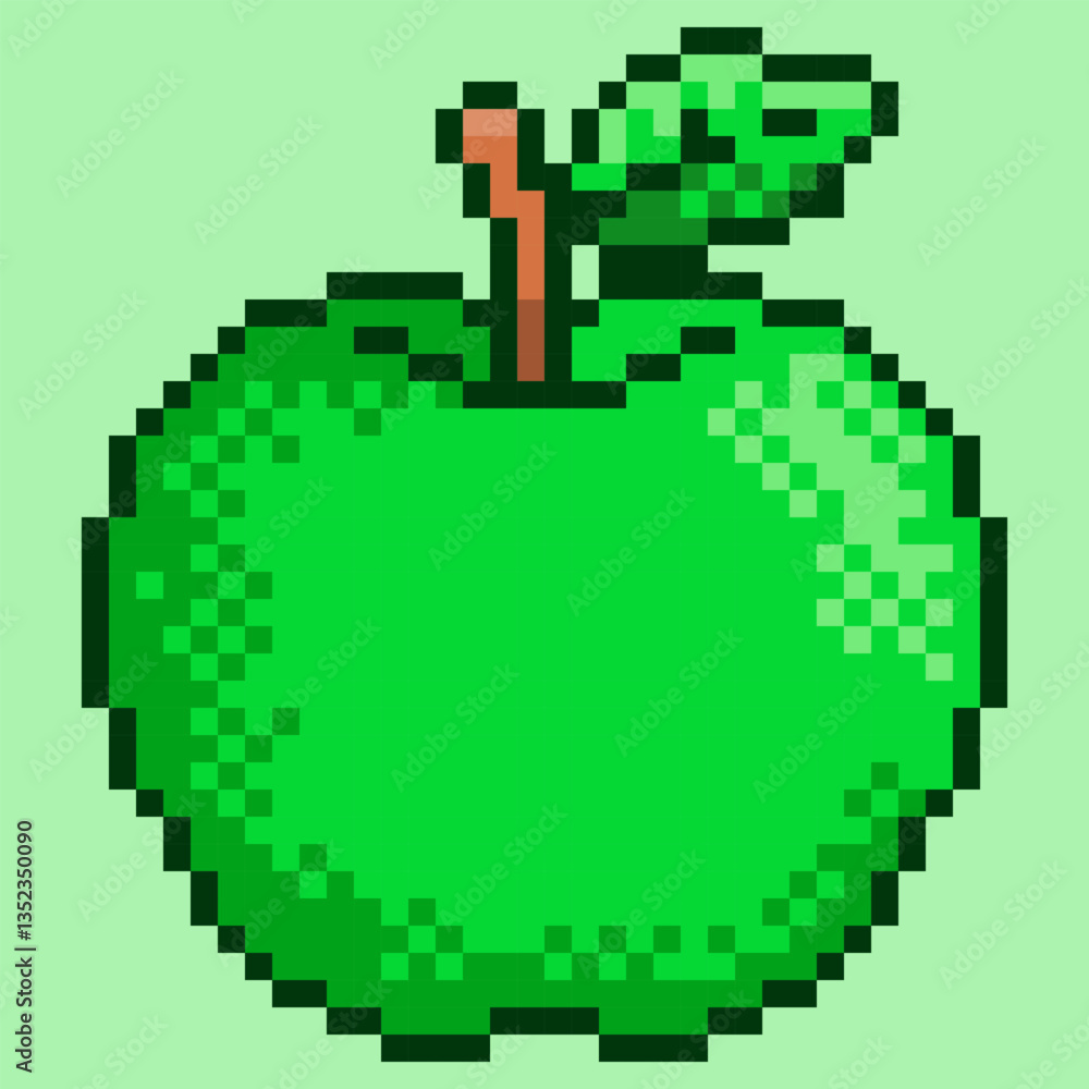 Vibrant pixel art green apple illustration features a classic 8-bit design, perfect for adding a retro and vintage touch Vibrant pixel art green apple illustration features a classic 8-bit design, perfect for adding a retro and vintage touch