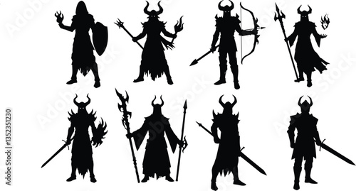 Collection set of Silhouette of various fantasy warriors with weapons and armor