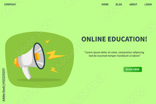 Online education, banner with megaphone. Online education speech bubble banner. Vector illustration for retail shopping online marketing template, banner, poster, and background.