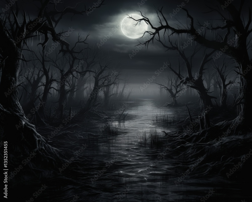 A haunting, moonlit swamp scene with twisted, leafless trees surrounding a dark, reflective waterway, evoking a sense of mystery and eerie tranquility in a desolate landscape A haunting, moonlit swamp scene with twisted, leafless trees surrounding a dark, reflective waterway, evoking a sense of mystery and eerie tranquility in a desolate landscape
