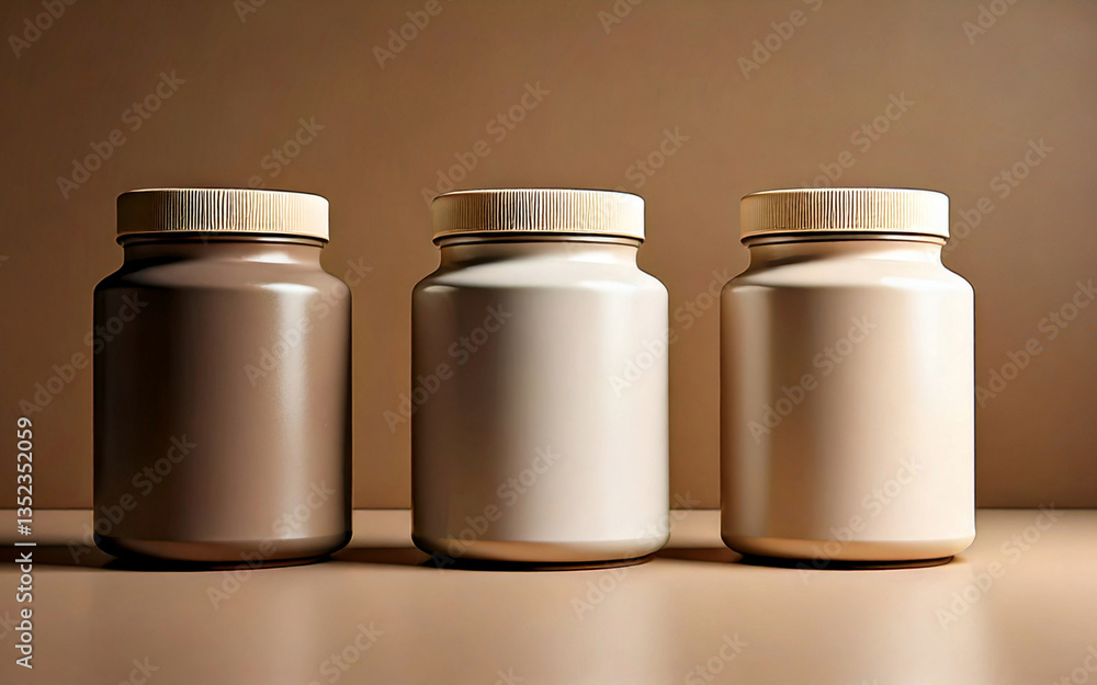 Three cylindrical jars with minimalist matte-finish lids, arranged in a straight line on a smooth beige background. Three cylindrical jars with minimalist matte-finish lids, arranged in a straight line on a smooth beige background.