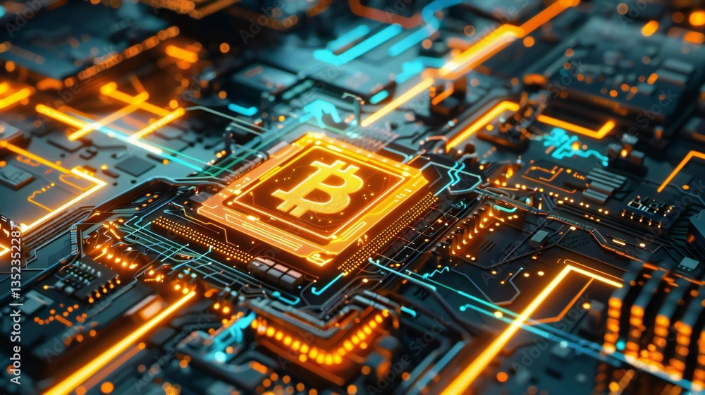 Obraz premium The Bitcoin heart beating at the core of digital finance, glowing with vibrant orange and teal energy on a complex circuit board.