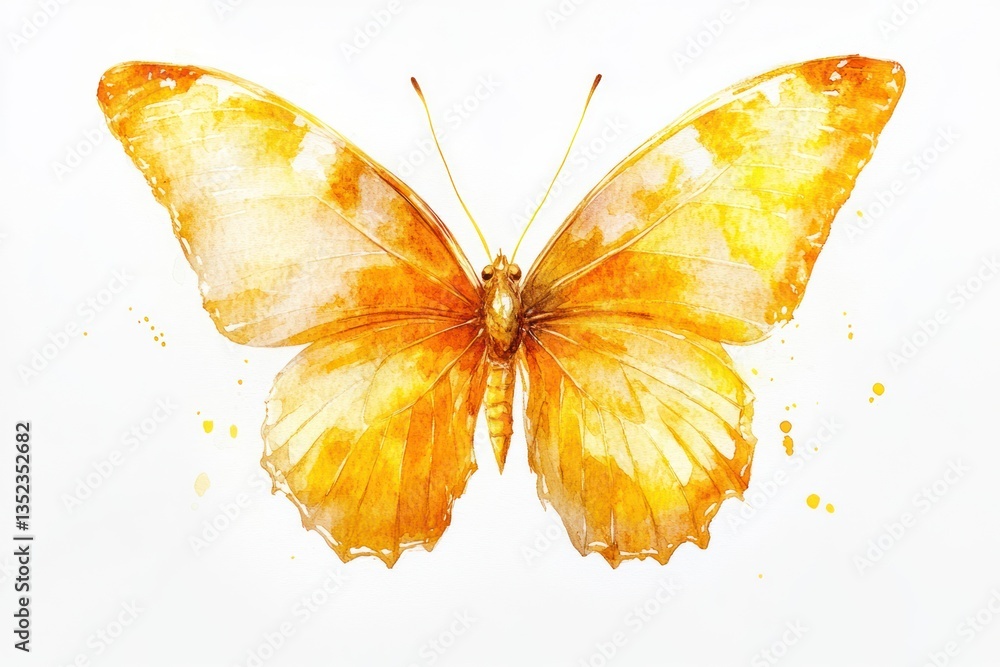 Fototapeta premium Golden butterfly watercolor painting, white background, nature design, card template.