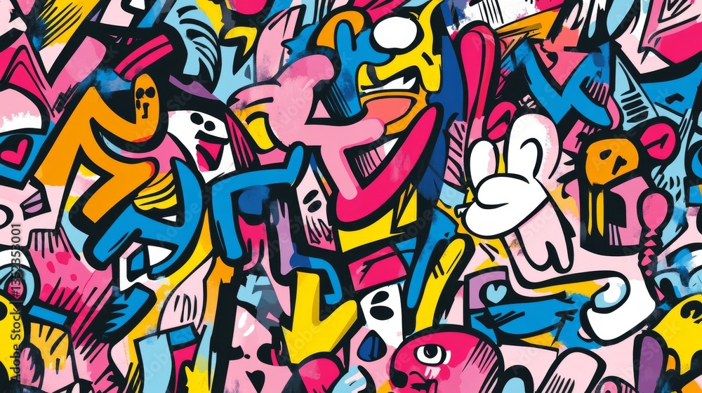 Naklejka premium Colorful abstract graffiti comics pattern with urban street art elements – seamless vector background for fashion, sportswear, and creative design