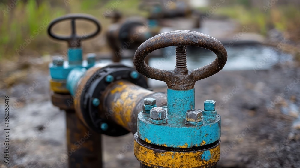 Rusty Industrial Valve Close-Up: Oil Pipeline Detail Rusty Industrial Valve Close-Up: Oil Pipeline Detail