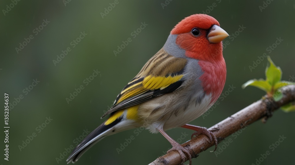 Fototapeta premium Colorful bird perched on a branch, featuring red, yellow, & gray plumage against a blurry green background