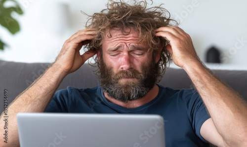 Frustrated man with messy hair and beard holding his head while staring at a laptop screen in a modern living room setting showing stress and concentration