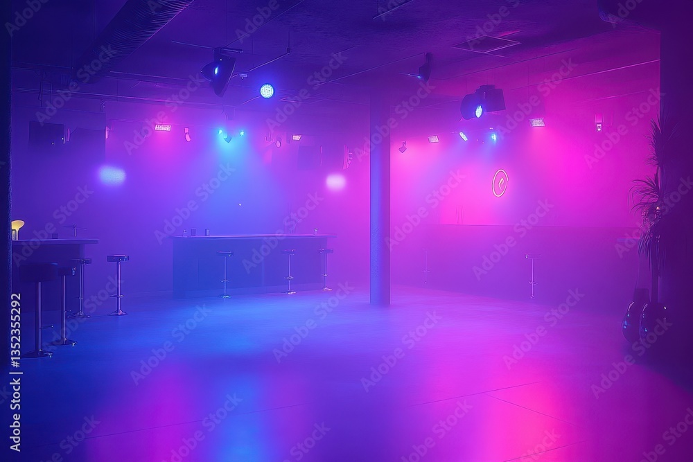 An empty club illuminated with blue and pink colored stage lights An empty club illuminated with blue and pink colored stage lights