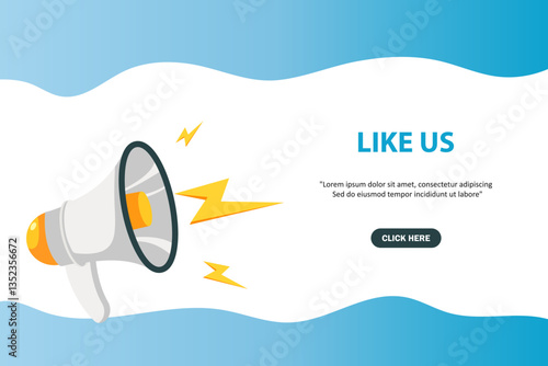 Megaphone with Like us speech bubble. Loudspeaker. Banner for business, marketing and advertising. Vector illustration.