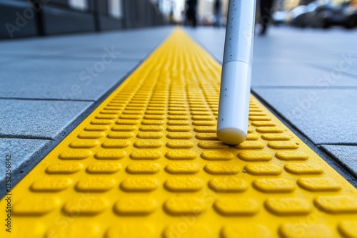 Close-up of white cane touching yellow tactile paving, providing guidance and independence for visually impaired individuals photo