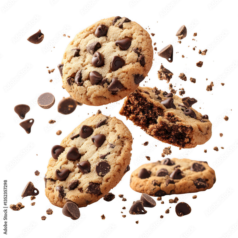 Flying chocolate chip cookies isolated on transparent background Flying chocolate chip cookies isolated on transparent background