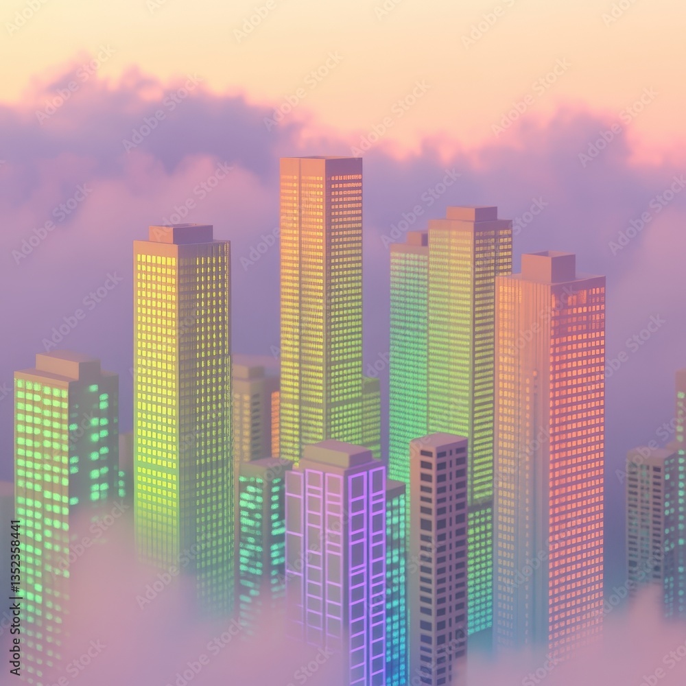 Illuminated city skyscrapers emerge dramatically from a bed of colorful clouds Illuminated city skyscrapers emerge dramatically from a bed of colorful clouds