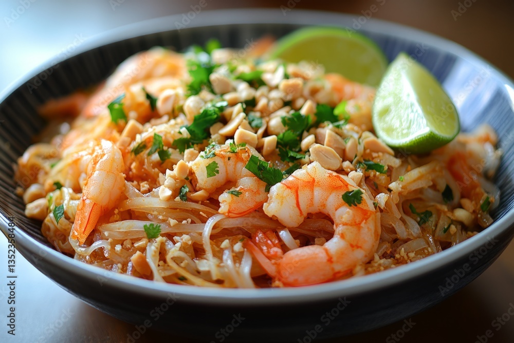 Pad thai with shrimps, peanuts, coriander and lime decorating a bowl Pad thai with shrimps, peanuts, coriander and lime decorating a bowl