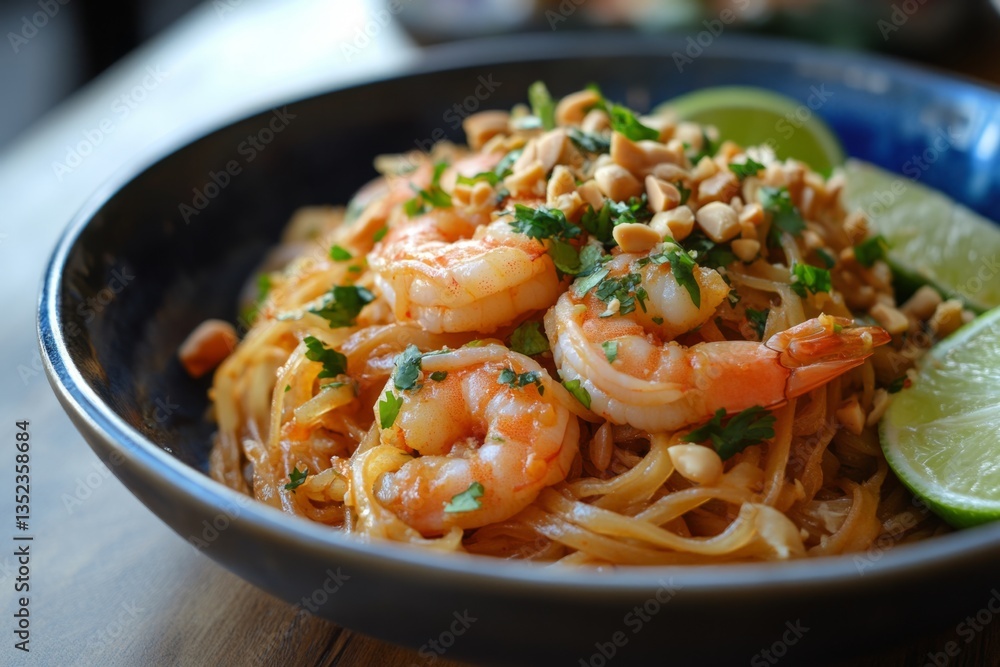 Steaming hot pad thai noodles with shrimp, peanuts, cilantro and lime wedges, served in a bowl Steaming hot pad thai noodles with shrimp, peanuts, cilantro and lime wedges, served in a bowl