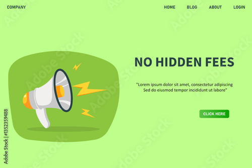 No hidden fees, banner with megaphone. No hidden fees speech bubble banner. Vector illustration for retail shopping online marketing template, banner, poster, and background.