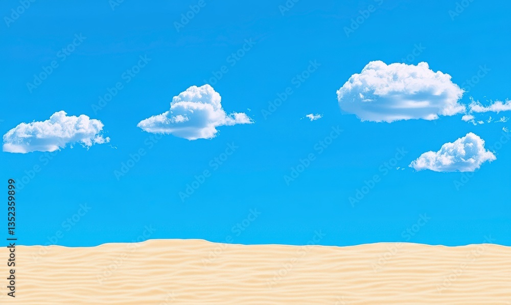 Serene Desert Landscape Under a Clear Blue Sky with Soft White Clouds Floating Above Dunes of Fine Sand on a Sunny Day Serene Desert Landscape Under a Clear Blue Sky with Soft White Clouds Floating Above Dunes of Fine Sand on a Sunny Day