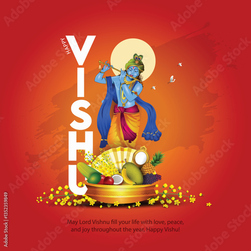 Happy Vishu greetings. April 14 Kerala festival with Vishu Kani, vishu flower Fruits and vegetables in a bronze vessel. vector illustration design