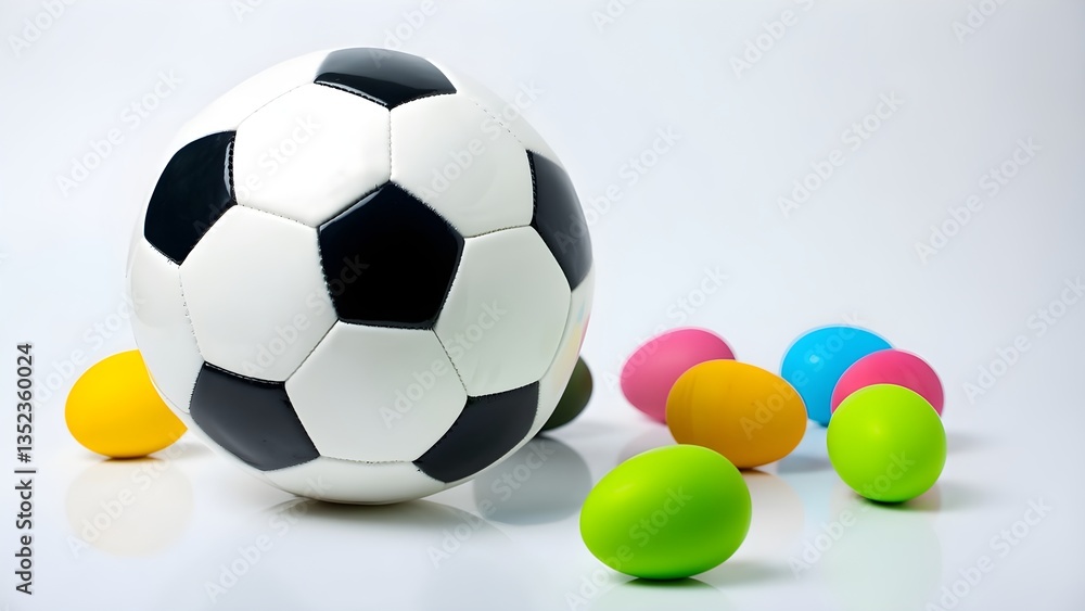 Naklejka premium Close-up of a soccer ball with Easter eggs scattered around it