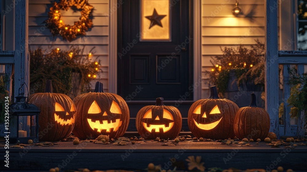 Obraz premium four carved pumpkins sitting on a front porch at night. 