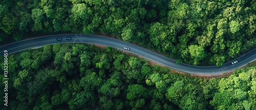 Fototapeta Naklejka Na Ścianę i Meble -  Aerial view of winding road through lush green forest with cars. Serene nature driving scene featuring curved road and dense trees.