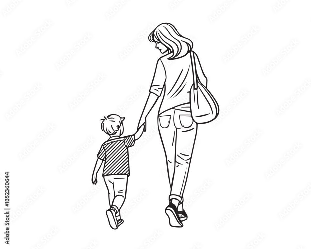 A single-line vector drawing of a mother walking hand in hand with her child, clean and modern. A single-line vector drawing of a mother walking hand in hand with her child, clean and modern.