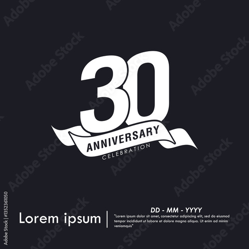 30th years anniversary celebration emblem. white anniversary logo isolated with ribbon on black background. monotone color. vector illustration template design for web, flyers, poster, greeting card	
