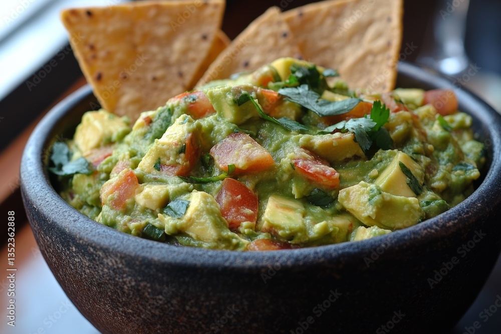 Fresh guacamole with tortilla chips, served in a traditional molcajete, a mexican version of mortar and pestle Fresh guacamole with tortilla chips, served in a traditional molcajete, a mexican version of mortar and pestle
