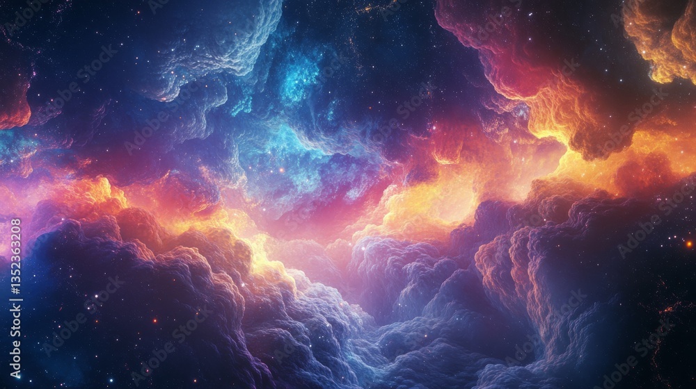 Fototapeta premium Vibrant cosmic nebula background with glowing light rays and dynamic colorful energy swirls in a deep space abstract universe