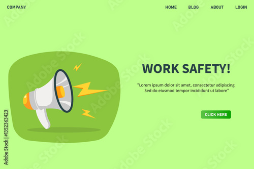 Work safety, banner with megaphone. Work safety speech bubble banner. Vector illustration for retail shopping online marketing template, banner, poster, and background.