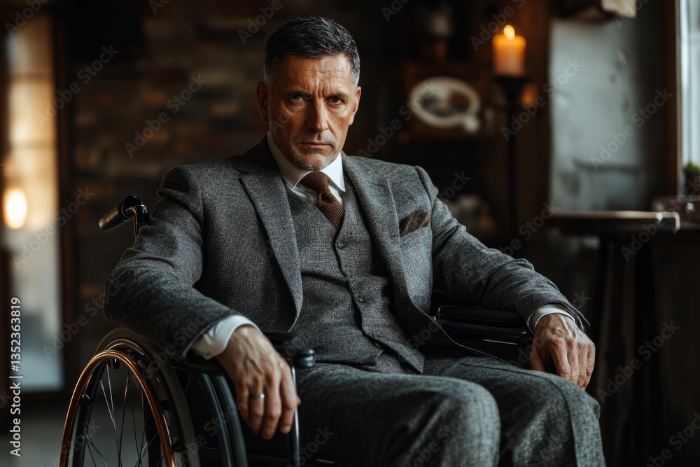 Portrait of a confident businessman in a suit sitting in a wheelchair in his office, conveying strength and determination Portrait of a confident businessman in a suit sitting in a wheelchair in his office, conveying strength and determination