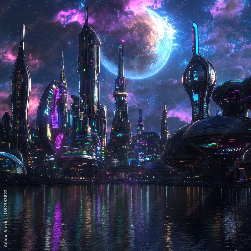 Fototapeta premium A futuristic cityscape with luminous structures overlooking water