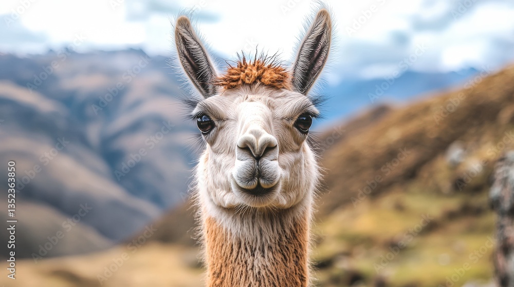 Obraz premium a llama looking directly into the camera with mountains in the background.