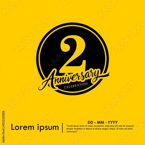 2nd years anniversary celebration emblem. black anniversary logo isolated with handwriting and ribbon on yellow background. vector illustration template design for web, flyers, poster, greeting card