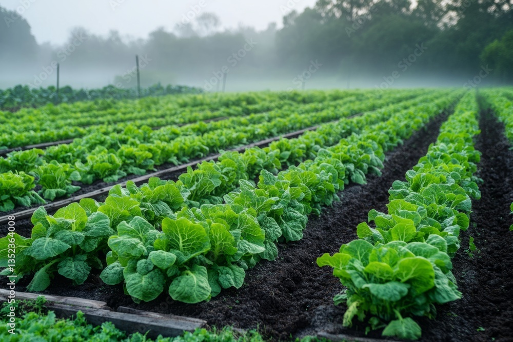 Lush green napa cabbage plants thrive in neat rows on a farm, with morning fog creating a serene atmosphere Lush green napa cabbage plants thrive in neat rows on a farm, with morning fog creating a serene atmosphere