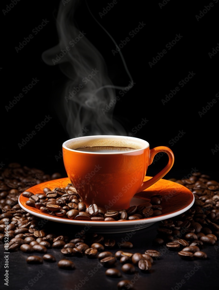 Fototapeta premium Steaming Coffee in Orange Cup on Saucer Surrounded by Beans on Dark Surface Against Black Background