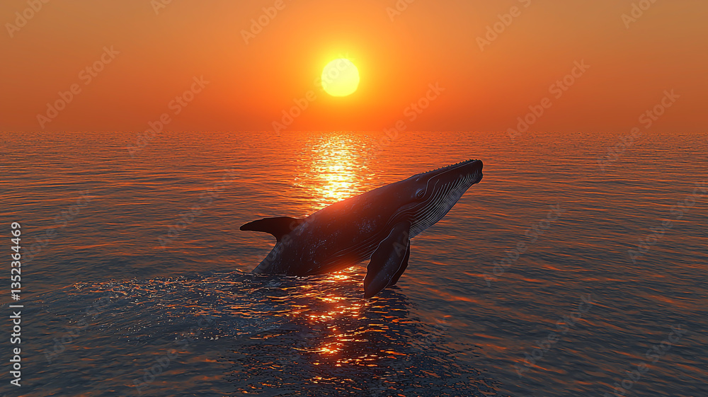 Fototapeta premium A big whale swimes deep in the ocean than the sun is sets.