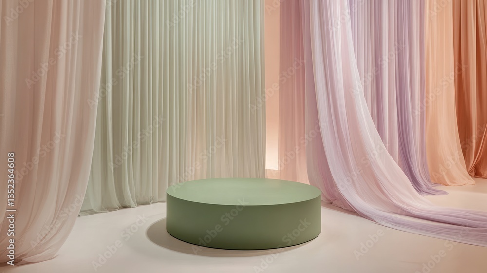 Empty Display Podium with Flowing Curtains Empty Display Podium with Flowing Curtains