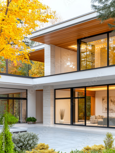 Modern house with large windows surrounded by autumn foliage in a peaceful setting