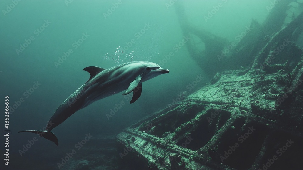 Fototapeta premium Underwater Wonder: Dolphin gracefully swims past a shipwreck in the ocean