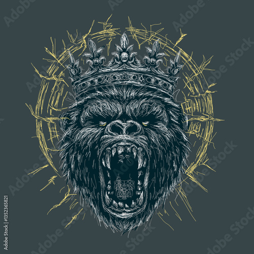 The scribble art vector of gorilla wearing king crown