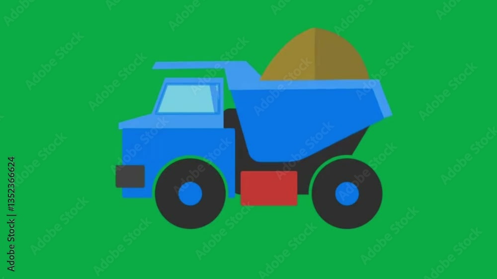 Animated dump truck icon on green screen, flat style construction vehicle Animated dump truck icon on green screen, flat style construction vehicle
