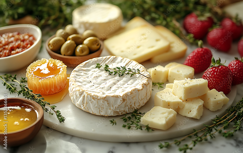 Artisan Cheeses with Honeycomb and Thyme on Marble Surface Artisan Cheeses with Honeycomb and Thyme on Marble Surface