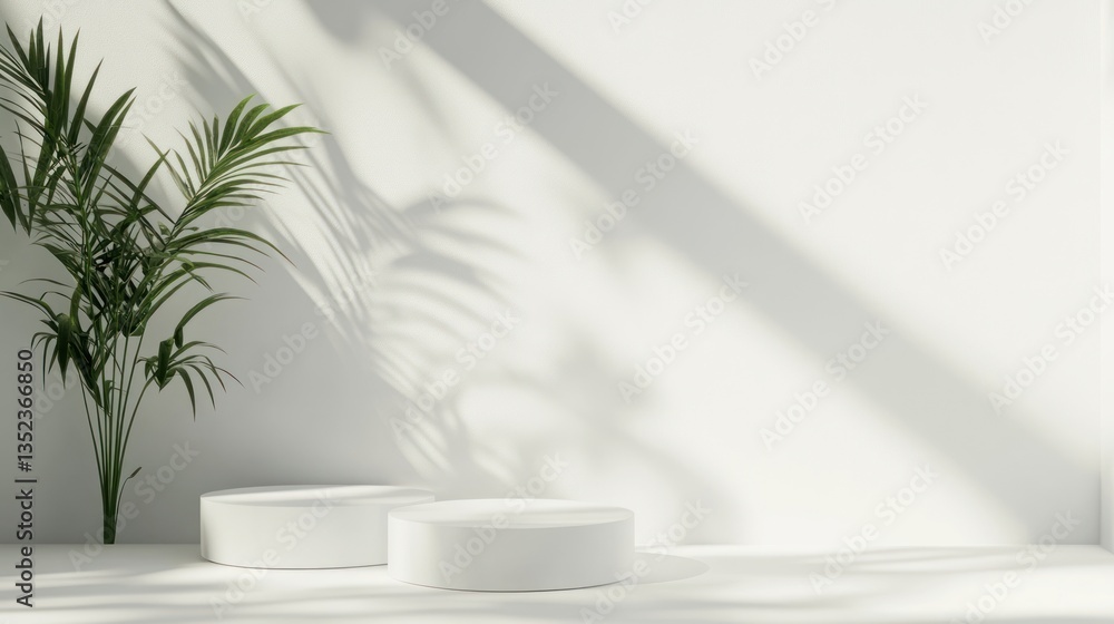 White pedestal display with plant shadows White pedestal display with plant shadows