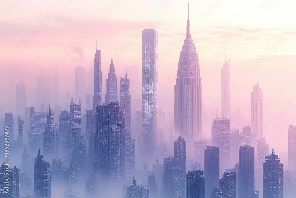 Fototapeta premium A misty cityscape featuring tall buildings and architectural designs
